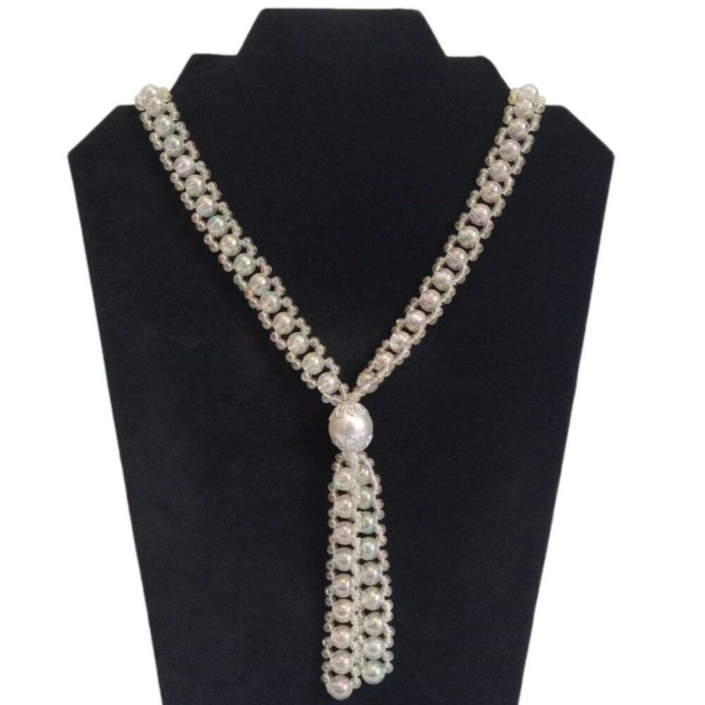 Iridescent Clear Acrylic Beaded Lightweight Tassel Pendant Statement Necklace
